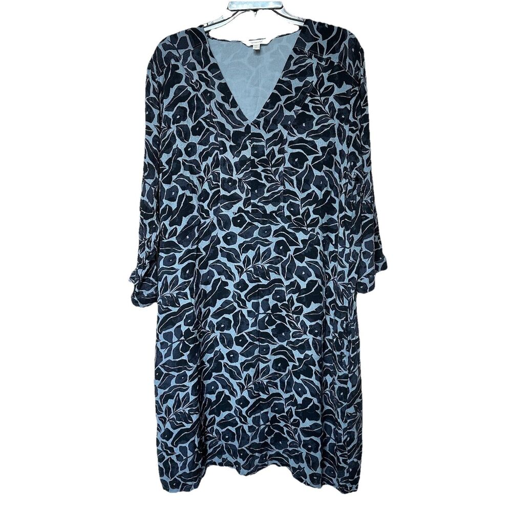 Garnet Hill Dress XL Midi 3/4 Sleeve Flowy Relaxed Blue Floral Boho Modest